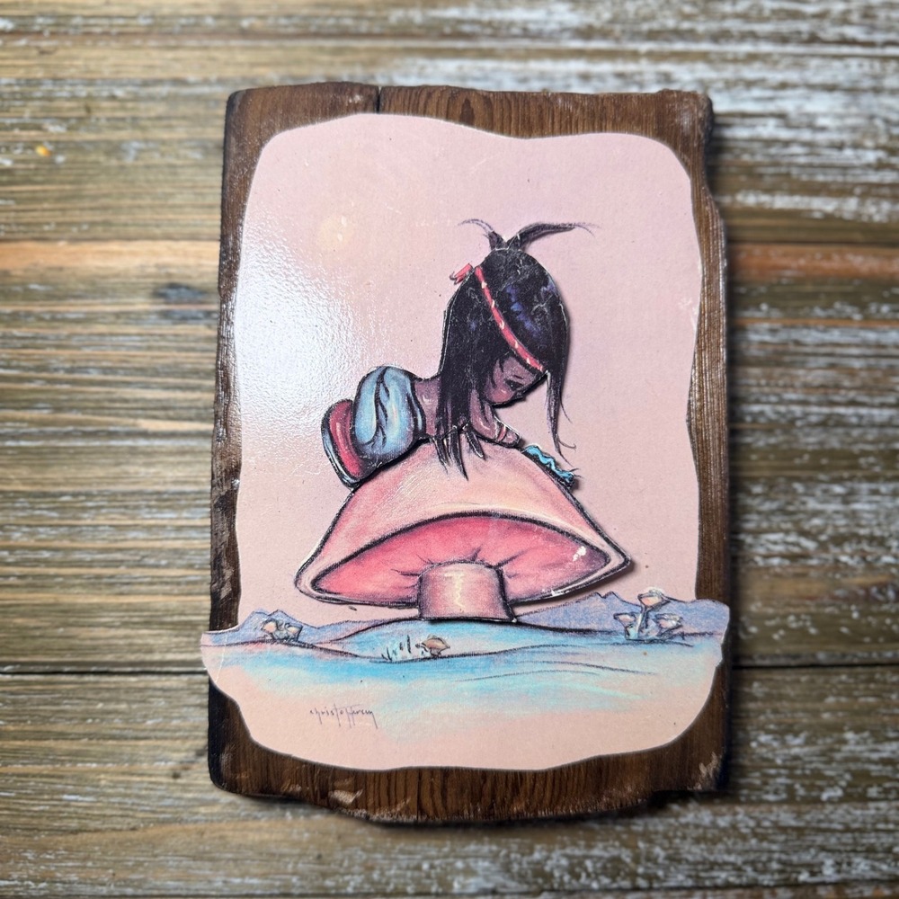 Gerda Christofferson Art Mushroom Oodie Girl Wood Plaque Cottagecore 70s Vintage